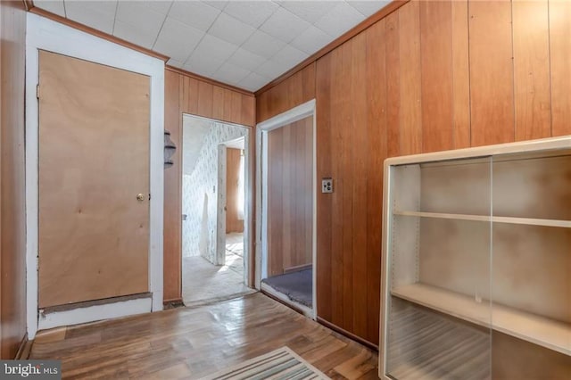 interior space featuring crown molding, light hardwood / wood-style floors, and wood walls