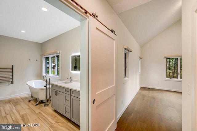 bathroom featuring hardwood / wood-style floors, a wealth of natural light, lofted ceiling, and a bath