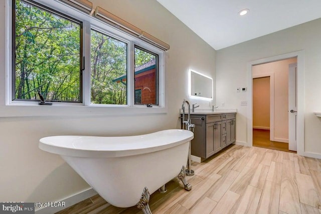 bathroom featuring hardwood / wood-style flooring, vanity, and a tub