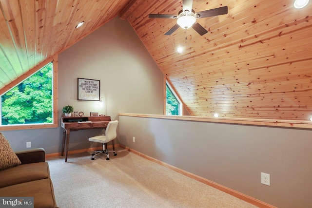 carpeted home office with wood ceiling, ceiling fan, and high vaulted ceiling