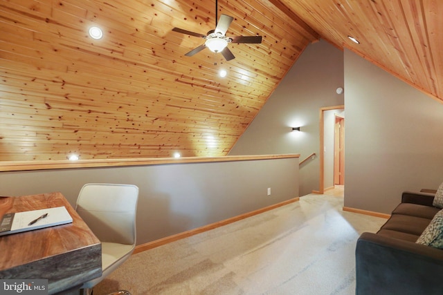 interior space with ceiling fan, light colored carpet, high vaulted ceiling, and wooden ceiling