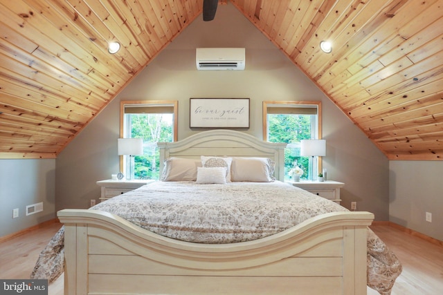 bedroom featuring multiple windows, an AC wall unit, and wooden ceiling