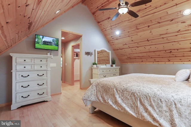 bedroom with ceiling fan, lofted ceiling, light hardwood / wood-style flooring, and wooden ceiling