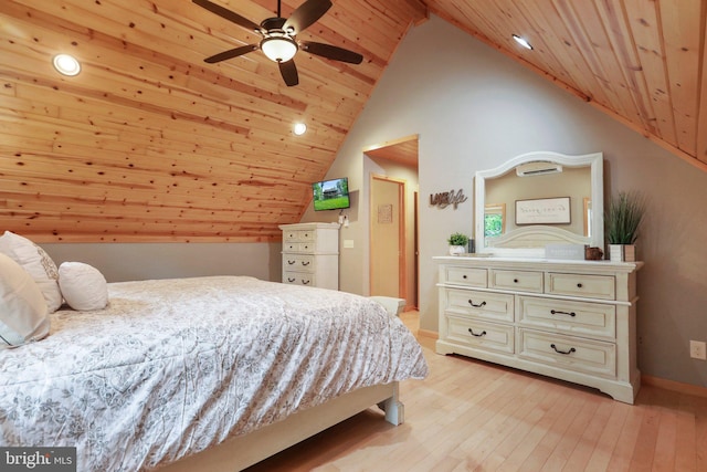 bedroom featuring high vaulted ceiling, light wood-type flooring, ceiling fan, wooden ceiling, and a wall unit AC