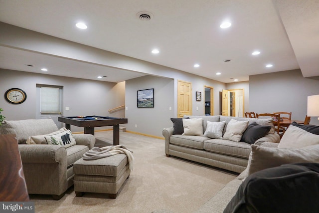 living room featuring light carpet and billiards