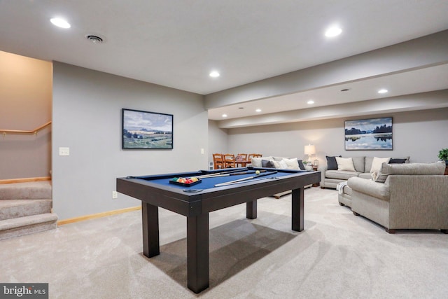 recreation room featuring carpet floors and billiards