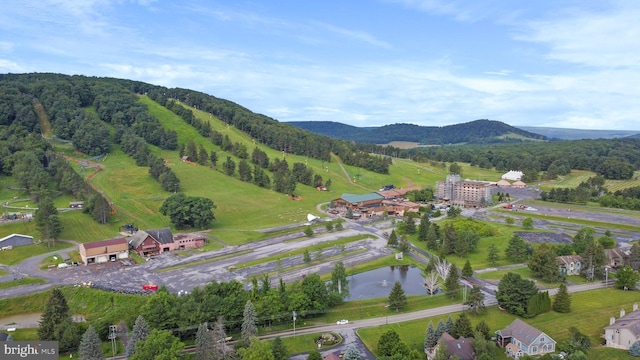 birds eye view of property with a water and mountain view