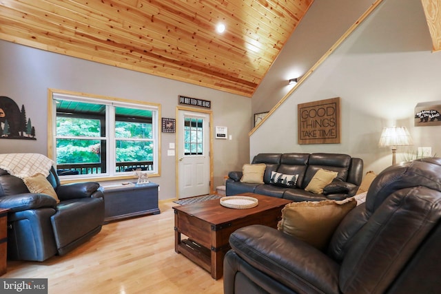 living room with high vaulted ceiling, wooden ceiling, and light wood-type flooring