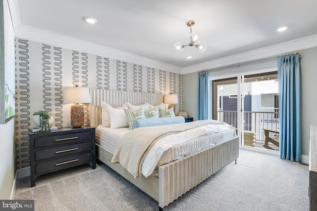 carpeted bedroom with a notable chandelier, crown molding, and access to exterior