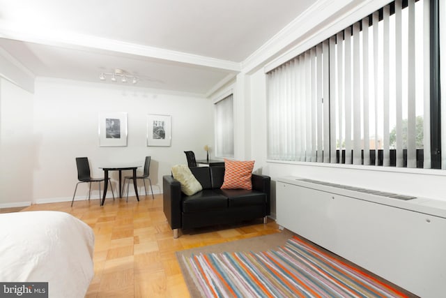 bedroom with light parquet floors, ornamental molding, and radiator heating unit