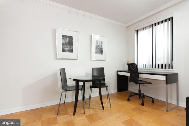 office with ornamental molding and light parquet floors