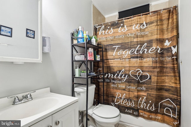 full bathroom with vanity, shower / tub combo with curtain, and toilet