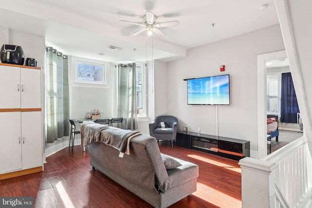 living room with hardwood / wood-style flooring and ceiling fan