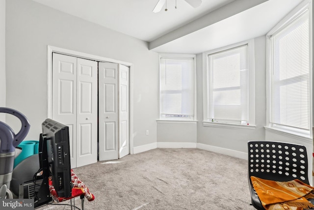 interior space featuring ceiling fan and carpet floors