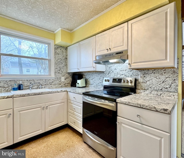 kitchen featuring white cabinetry, sink, ornamental molding, and electric stove