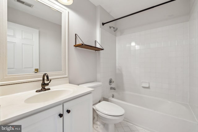 bathroom with visible vents, toilet, shower / tub combination, tile patterned floors, and vanity