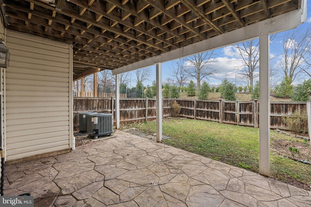 view of patio / terrace with central AC and a fenced backyard