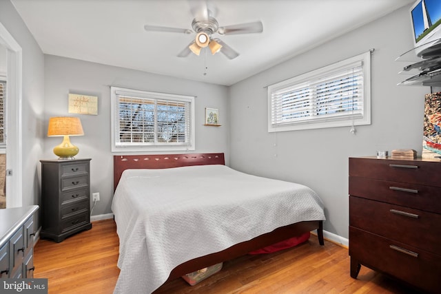 bedroom with ceiling fan and light hardwood / wood-style flooring