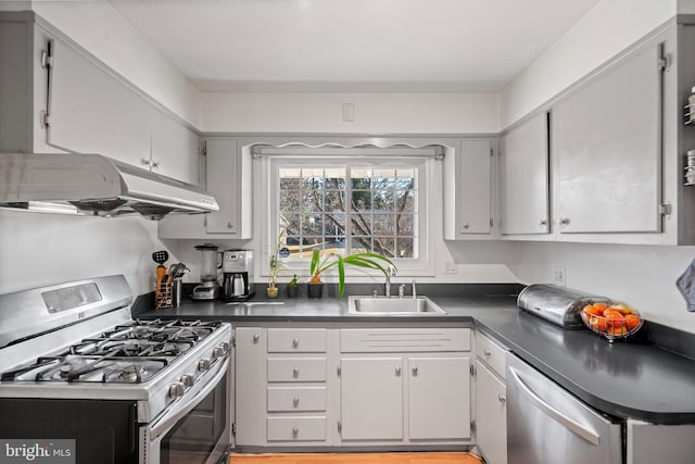 kitchen with gray cabinets, appliances with stainless steel finishes, and sink