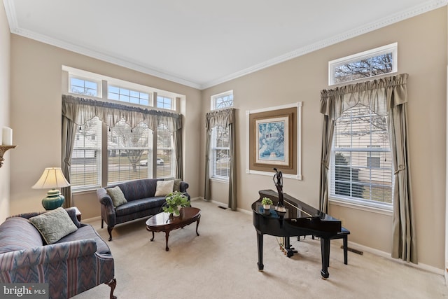 living room featuring ornamental molding, plenty of natural light, and light carpet