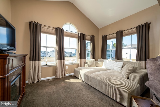 carpeted living room with lofted ceiling