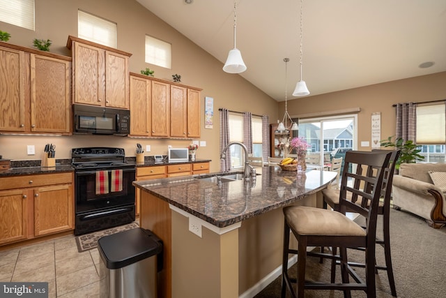 kitchen featuring an island with sink, decorative light fixtures, sink, and black appliances