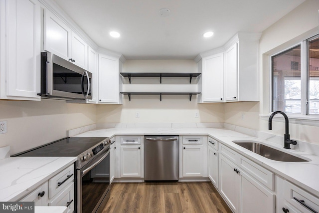 kitchen with sink, white cabinetry, light stone counters, dark hardwood / wood-style floors, and stainless steel appliances