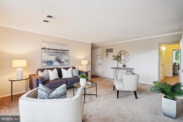 carpeted living room with ornamental molding