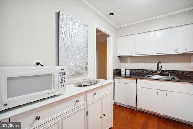 kitchen with white cabinetry, sink, white appliances, and dark hardwood / wood-style floors