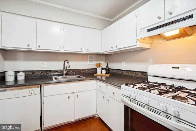 kitchen featuring white cabinetry, white appliances, ornamental molding, and sink