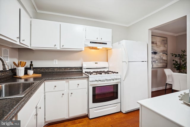 kitchen with sink, white appliances, white cabinetry, ornamental molding, and light wood-type flooring