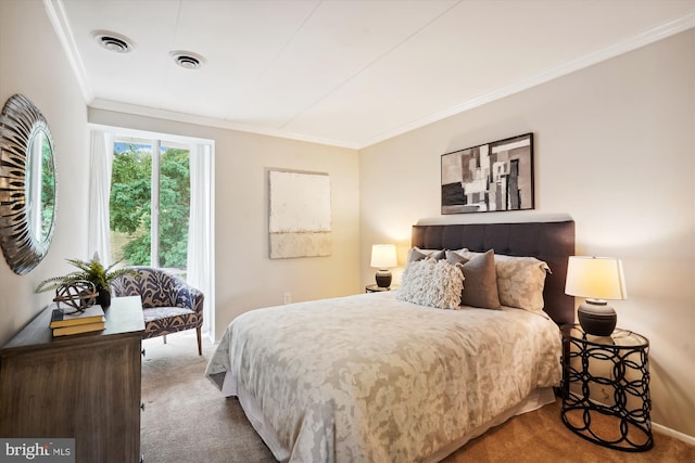 carpeted bedroom featuring ornamental molding