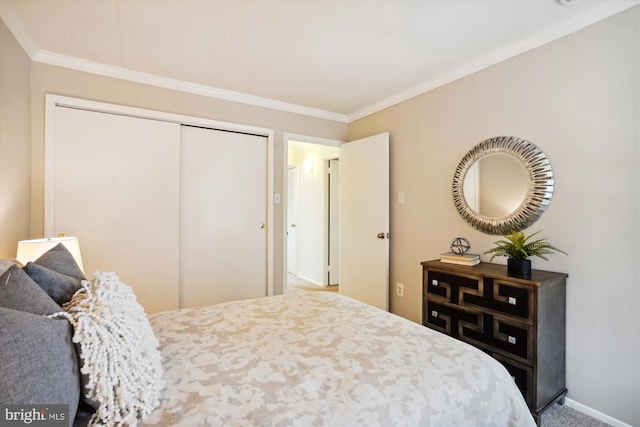 bedroom with ornamental molding, carpet flooring, and a closet