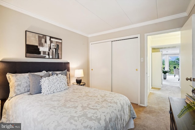 bedroom with light carpet, crown molding, and a closet