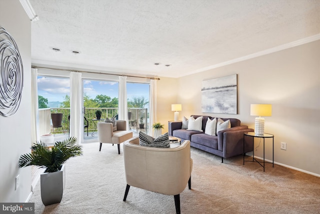 living room with crown molding, light colored carpet, and a textured ceiling