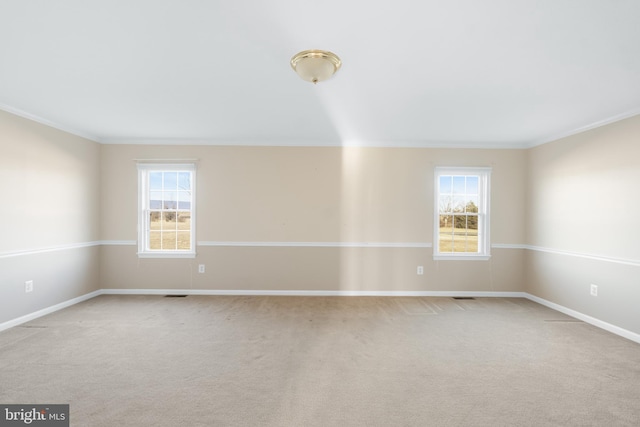 spare room featuring crown molding and light carpet