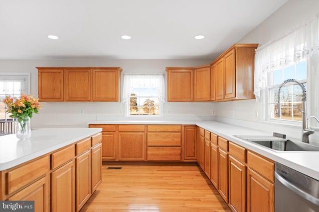 kitchen with light hardwood / wood-style flooring, sink, a wealth of natural light, and stainless steel dishwasher