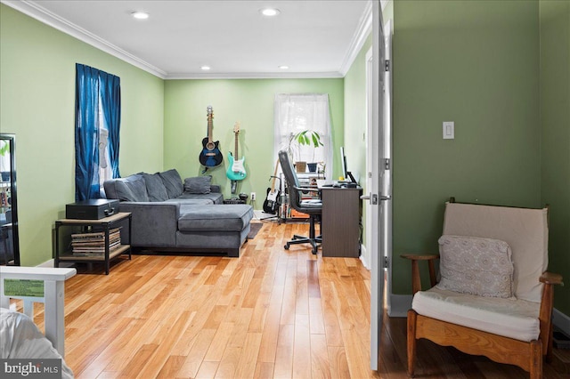 office featuring ornamental molding, recessed lighting, and light wood-style flooring