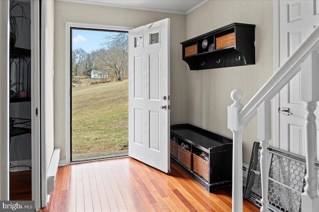 mudroom featuring ornamental molding and light wood-style floors