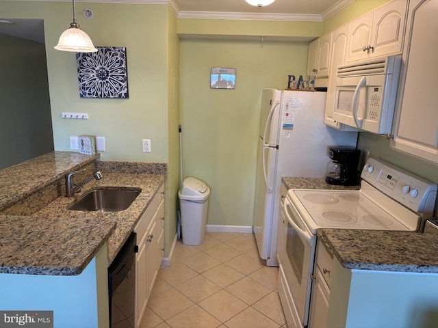 kitchen featuring sink, crown molding, pendant lighting, white appliances, and white cabinets