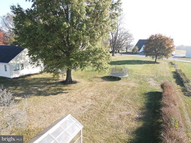 view of yard featuring an outdoor structure and a trampoline