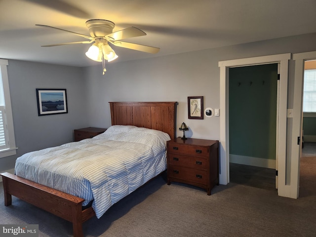 bedroom featuring ceiling fan and carpet flooring