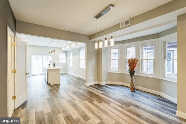 unfurnished dining area with sink, a wealth of natural light, and light hardwood / wood-style floors