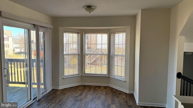 unfurnished dining area with dark wood-type flooring