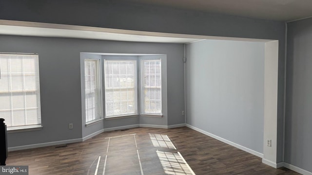 empty room with dark wood-type flooring and plenty of natural light