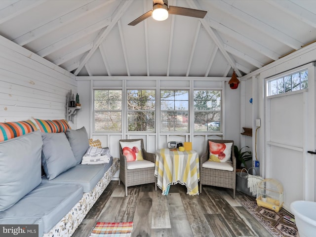 sunroom / solarium with vaulted ceiling with beams and ceiling fan