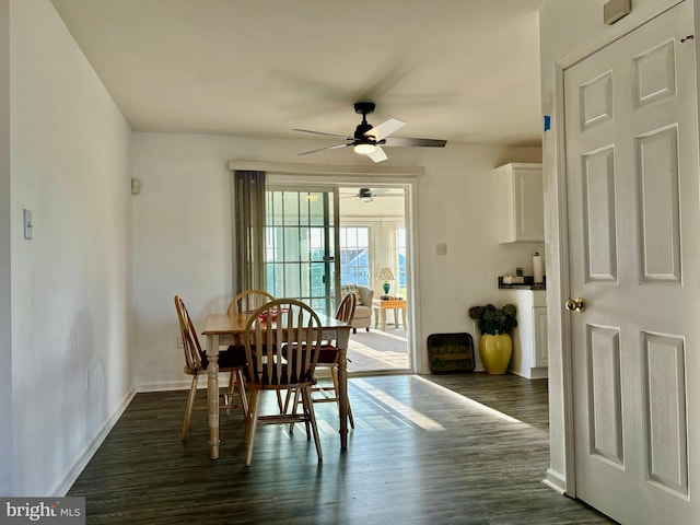 dining space with ceiling fan and dark hardwood / wood-style flooring