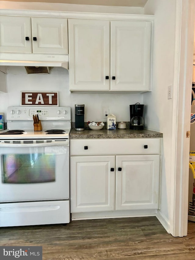 kitchen featuring white cabinetry, white electric range, and dark hardwood / wood-style flooring