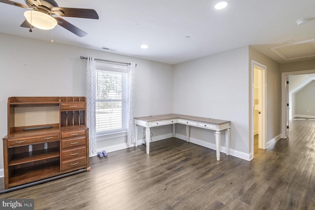 office with ceiling fan and dark hardwood / wood-style floors