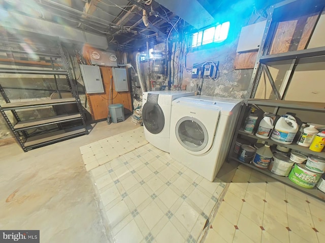 laundry area featuring electric panel and separate washer and dryer